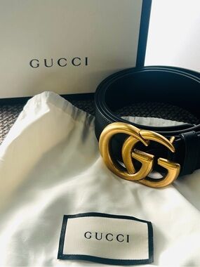 GUCCI GG Marmont Wide Leather Belt Black Antique Gold Buckle Size 100/40 luxury
